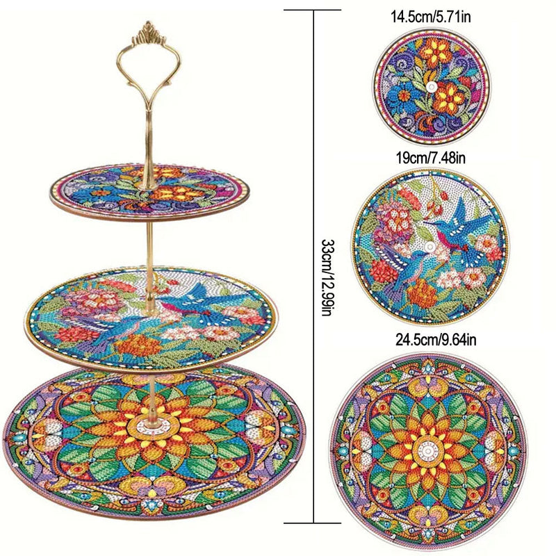 3 Niveaux de Plateau de Service Acrylique Mandala et Oiseau Colorés Abstraits Broderie Diamant