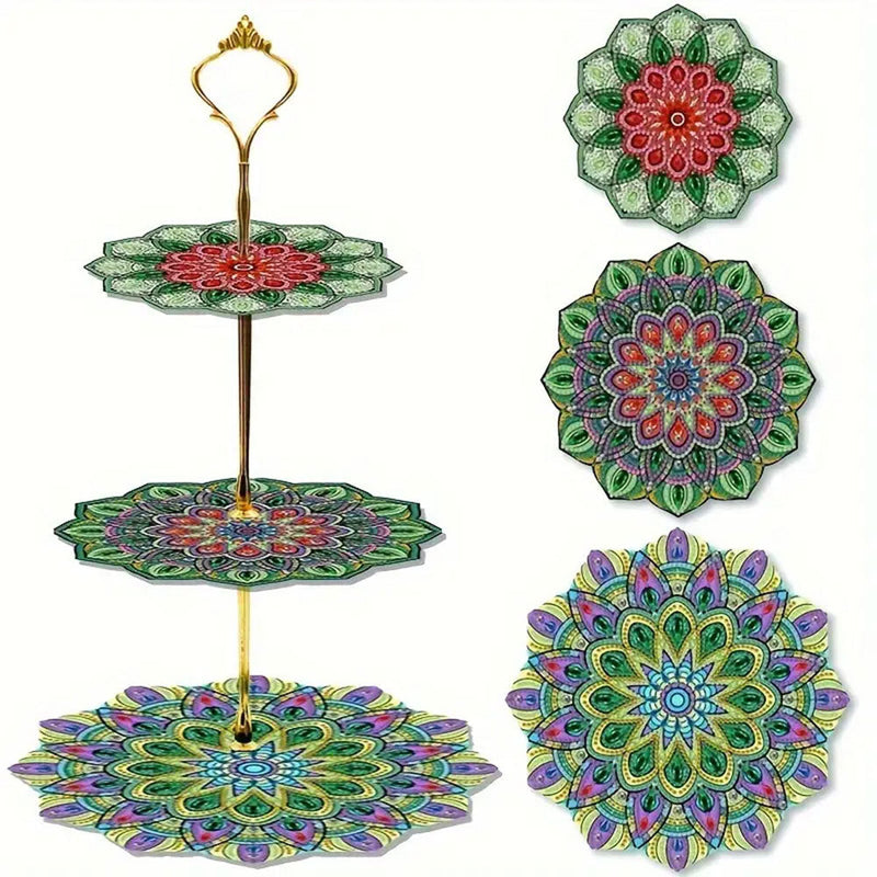 3 Niveaux de Plateau de Service Acrylique Mandala Fleur Verte Broderie Diamant