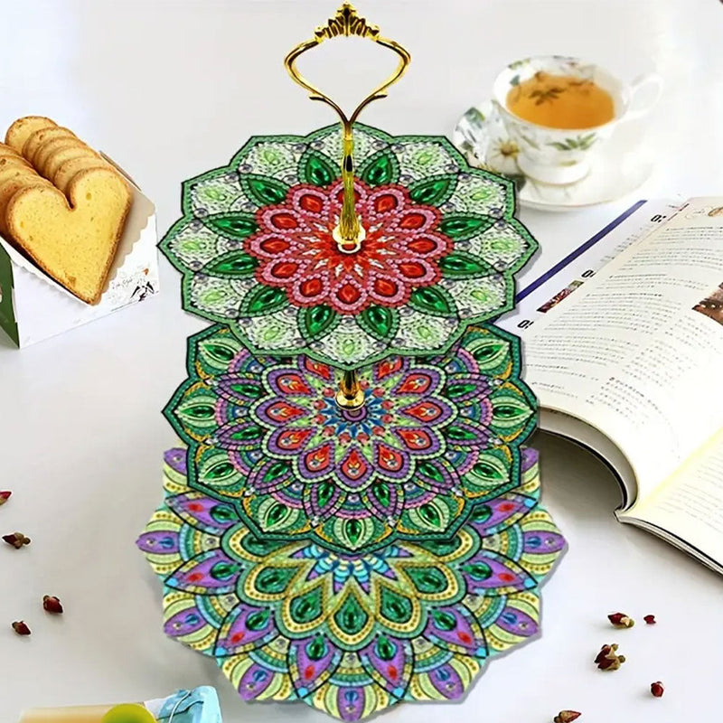 3 Niveaux de Plateau de Service Acrylique Mandala Fleur Verte Broderie Diamant