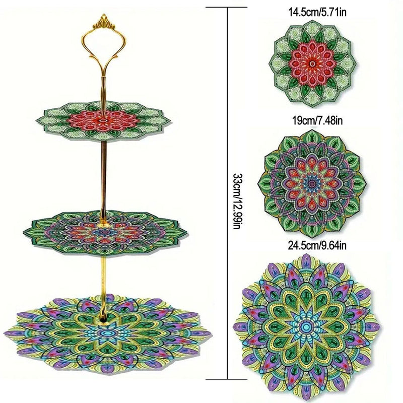 3 Niveaux de Plateau de Service Acrylique Mandala Fleur Verte Broderie Diamant