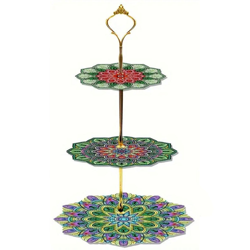 3 Niveaux de Plateau de Service Acrylique Mandala Fleur Verte Broderie Diamant