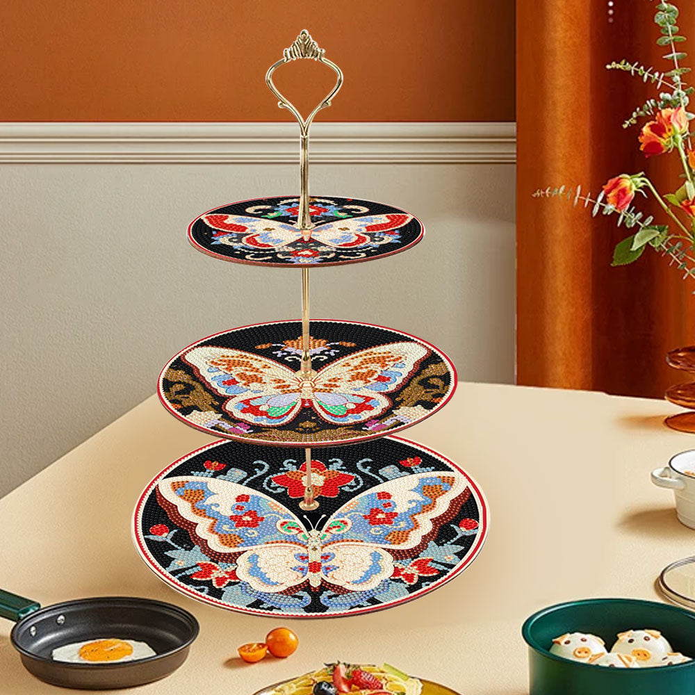 3 Niveaux de Plateau de Service Acrylique Papillon dans l'Obscurité Broderie Diamant