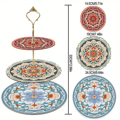 3 Niveaux de Plateau de Service Acrylique Mandala Bleu et Rouge Broderie Diamant