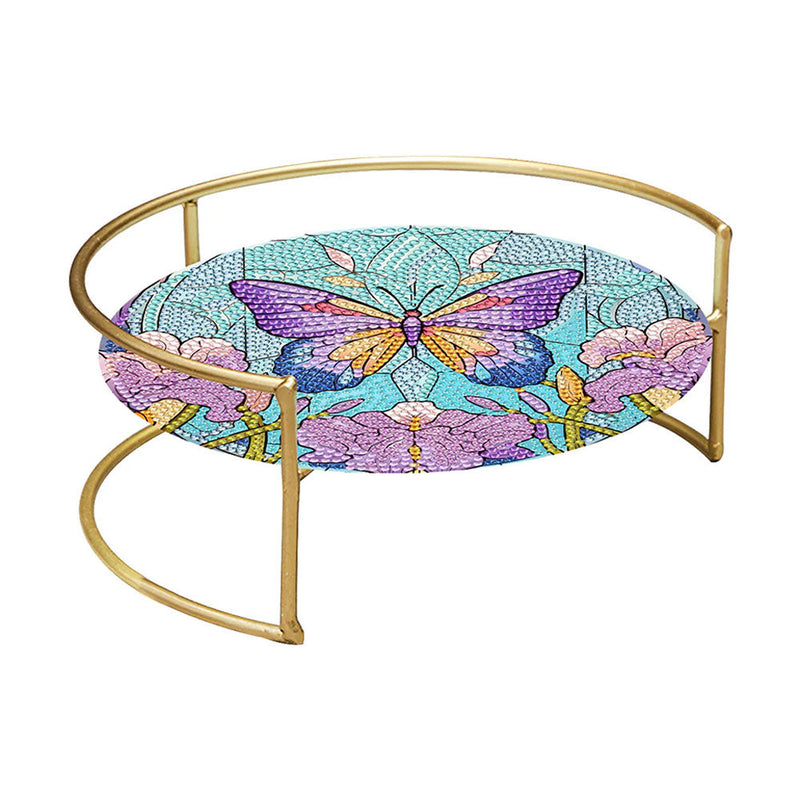 Papillon Violet et Fleur Acrylique + Plateau de Salle de Bain en Alliage Broderie Diamant