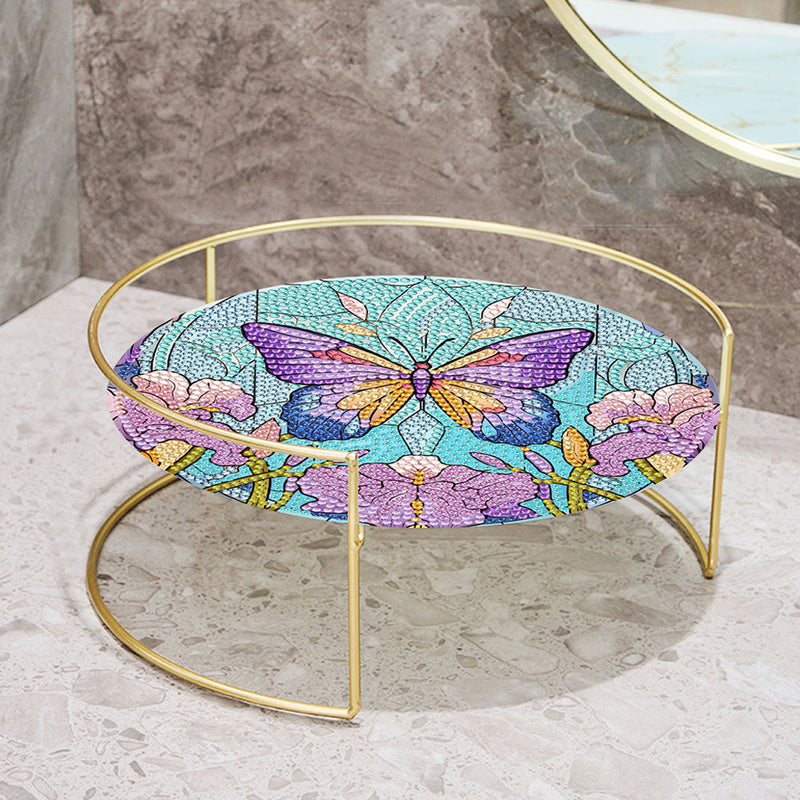 Papillon Violet et Fleur Acrylique + Plateau de Salle de Bain en Alliage Broderie Diamant