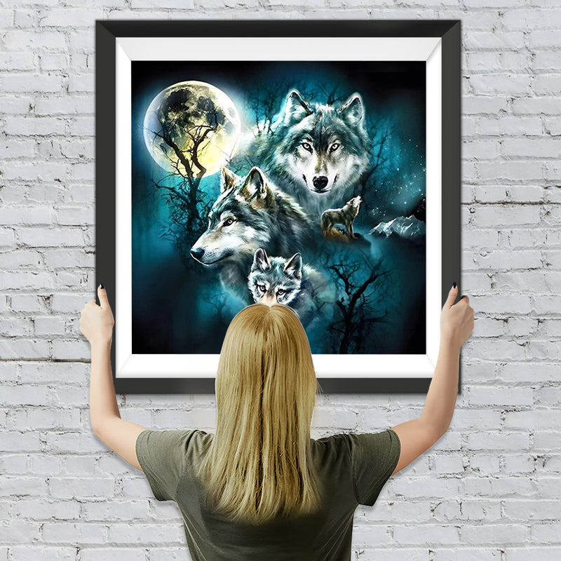 Quatre Loups et Lune Broderie Diamant