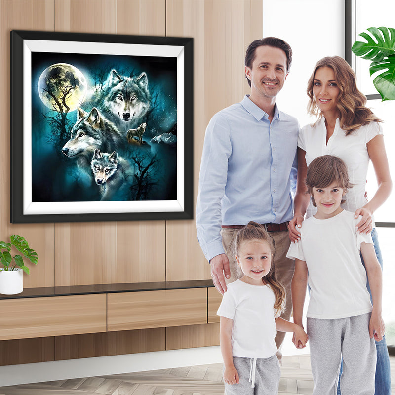 Quatre Loups et Lune Broderie Diamant