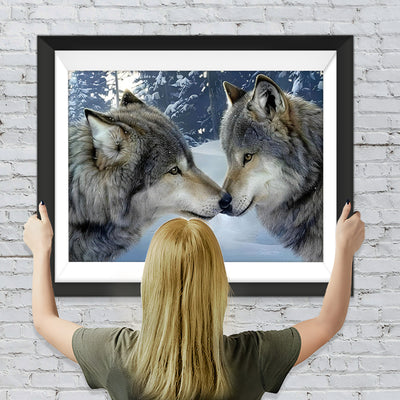 Deux Loups Gris Se Touchant le Nez Broderie Diamant