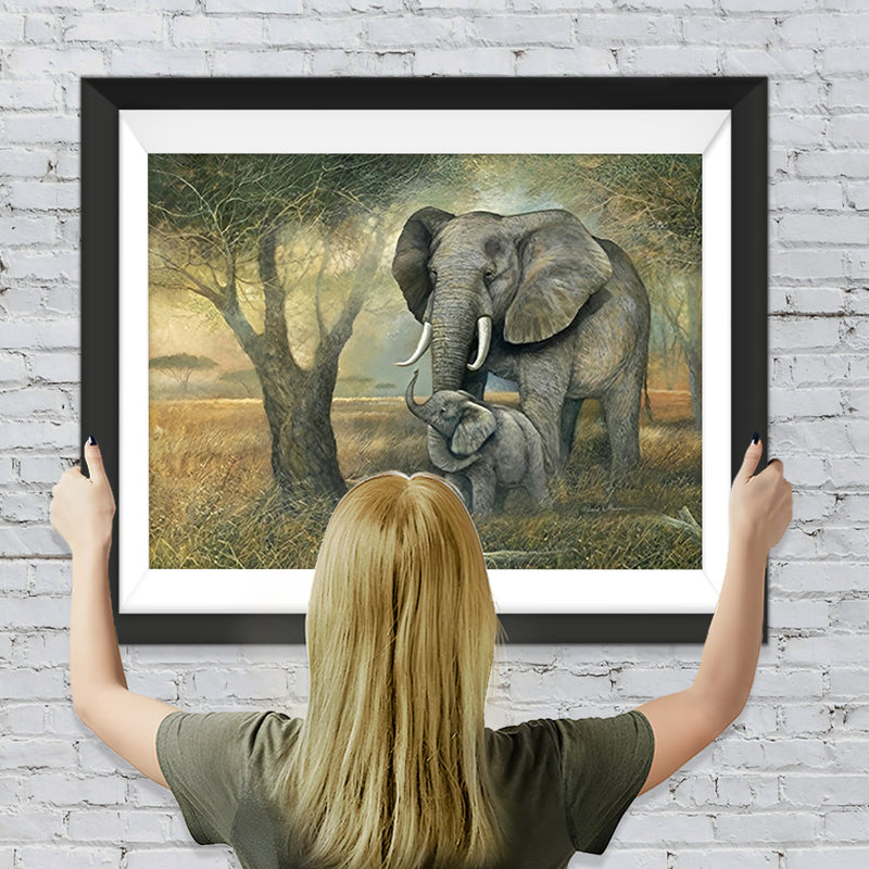 Éléphant et Son Bébé Éléphanteau Broderie Diamant