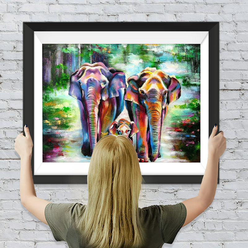 Famille de Trois Éléphants Multicolore Broderie Diamant