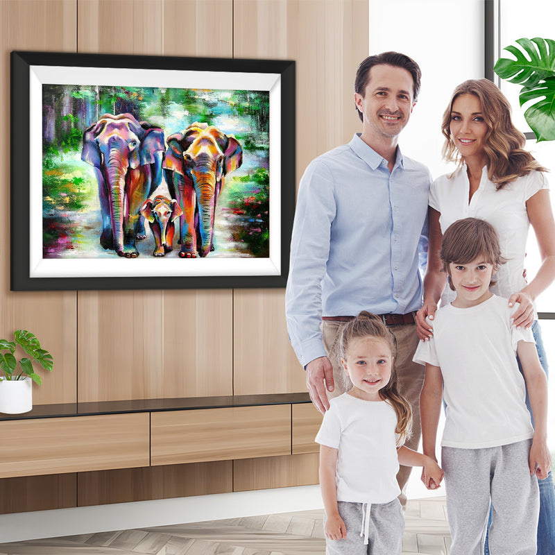 Famille de Trois Éléphants Multicolore Broderie Diamant