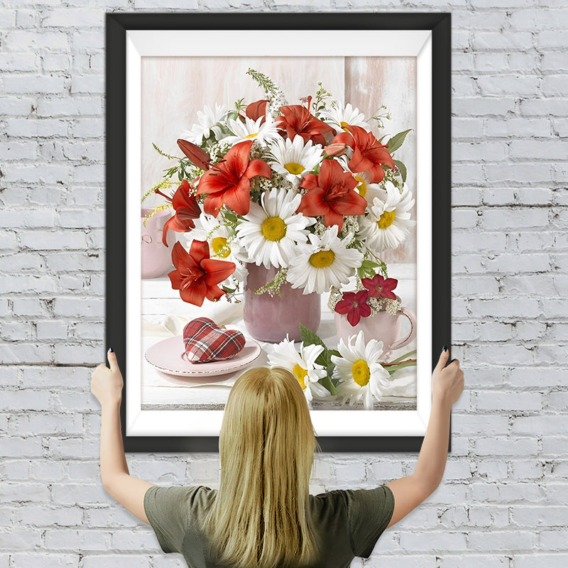 Chrysanthèmes Blancs et Lis Rouges Broderie Diamant