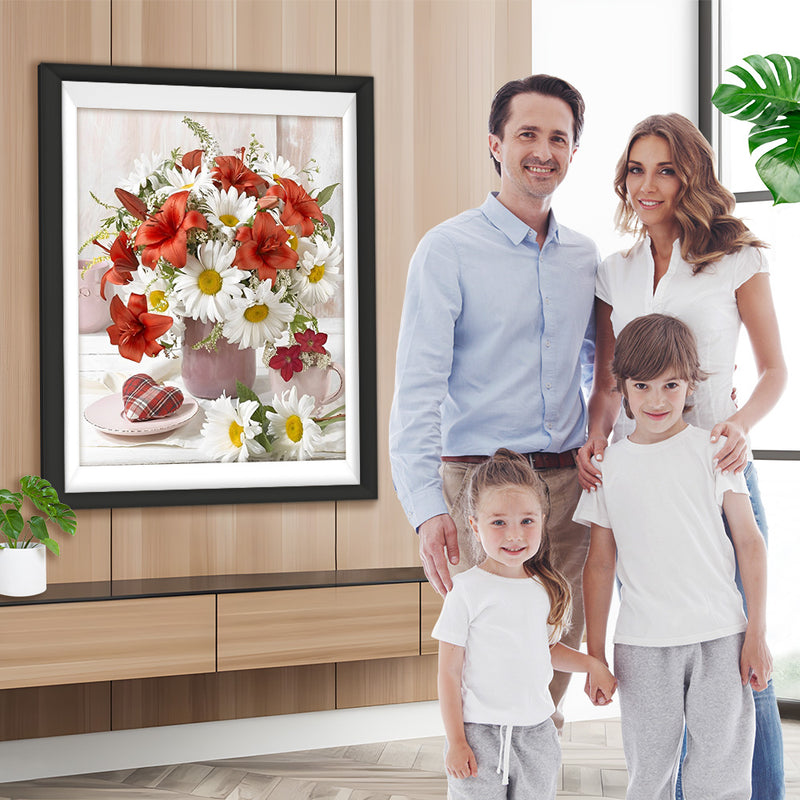 Chrysanthèmes Blancs et Lis Rouges Broderie Diamant