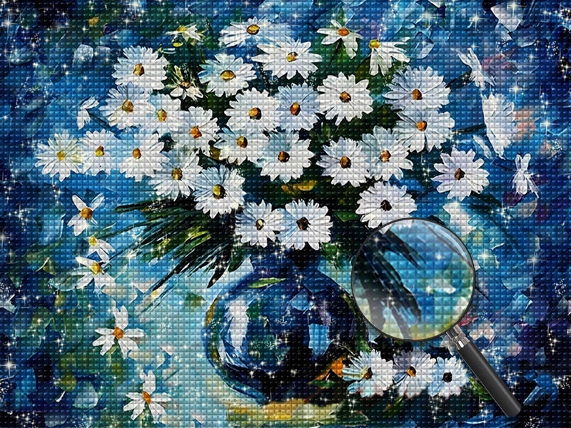 Chrysanthèmes Blancs et le Fond Bleu Broderie Diamant