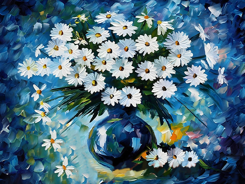 Chrysanthèmes Blancs et le Fond Bleu Broderie Diamant