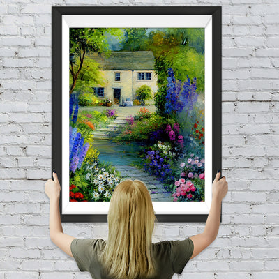 Vieille Maison et Allée de Fleurs Broderie Diamant