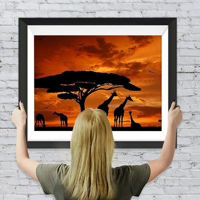 Girafes et Baobaos avecles Nuages Rouges Broderie Diamant