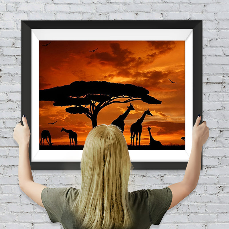 Girafes et Baobaos avecles Nuages Rouges Broderie Diamant