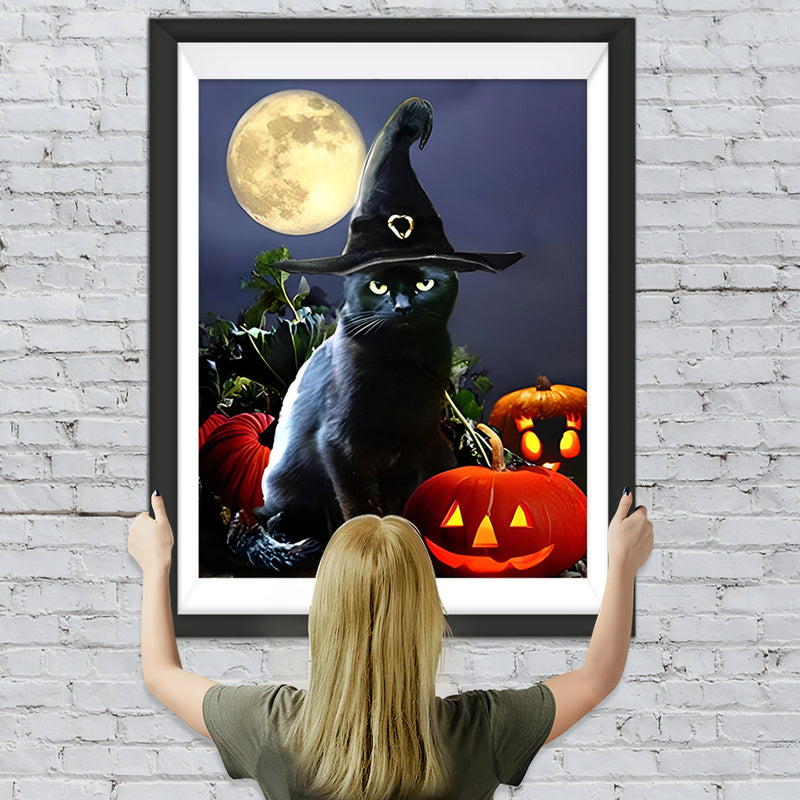 Chat Noir avec un Chapeau de Sorcier Broderie Diamant