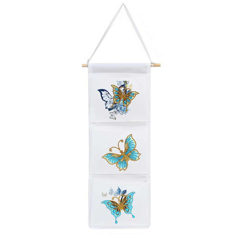 3 Poches Papillon Bleu Maison Organisateur Sac de Rangement Suspendu Broderie Diamant