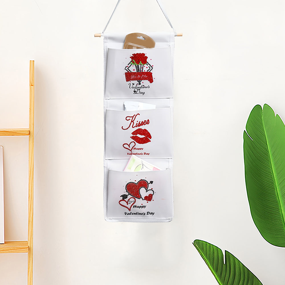 Cœur Rouge et Fleur Maison Organisateur Sac de Rangement Suspendu Broderie Diamant