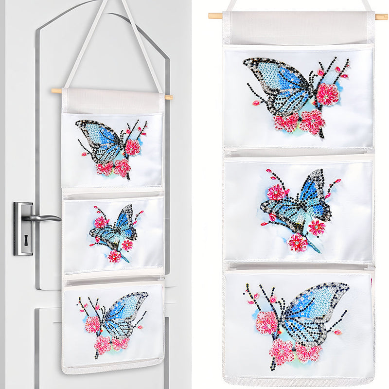 Papillon Bleu et Fleur Rouge Maison Organisateur Sac de Rangement Suspendu Broderie Diamant