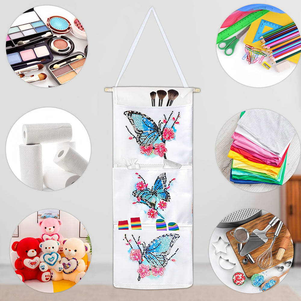 Papillon Bleu et Fleur Rouge Maison Organisateur Sac de Rangement Suspendu Broderie Diamant