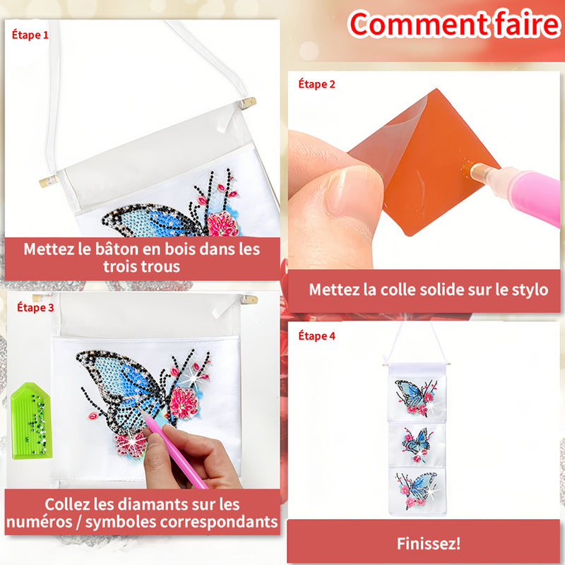 Papillon Bleu et Fleur Rouge Maison Organisateur Sac de Rangement Suspendu Broderie Diamant