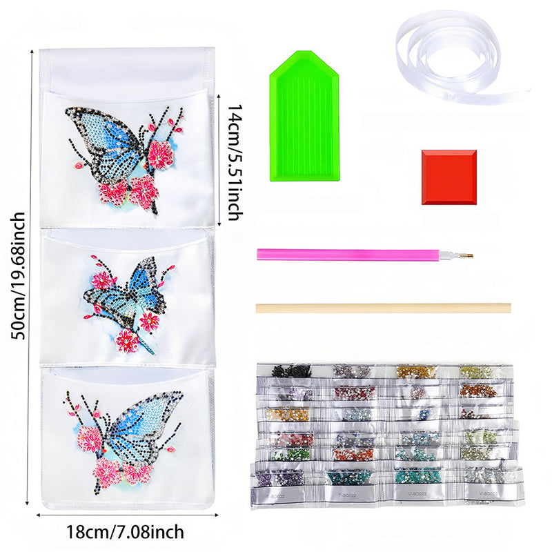 Papillon Bleu et Fleur Rouge Maison Organisateur Sac de Rangement Suspendu Broderie Diamant