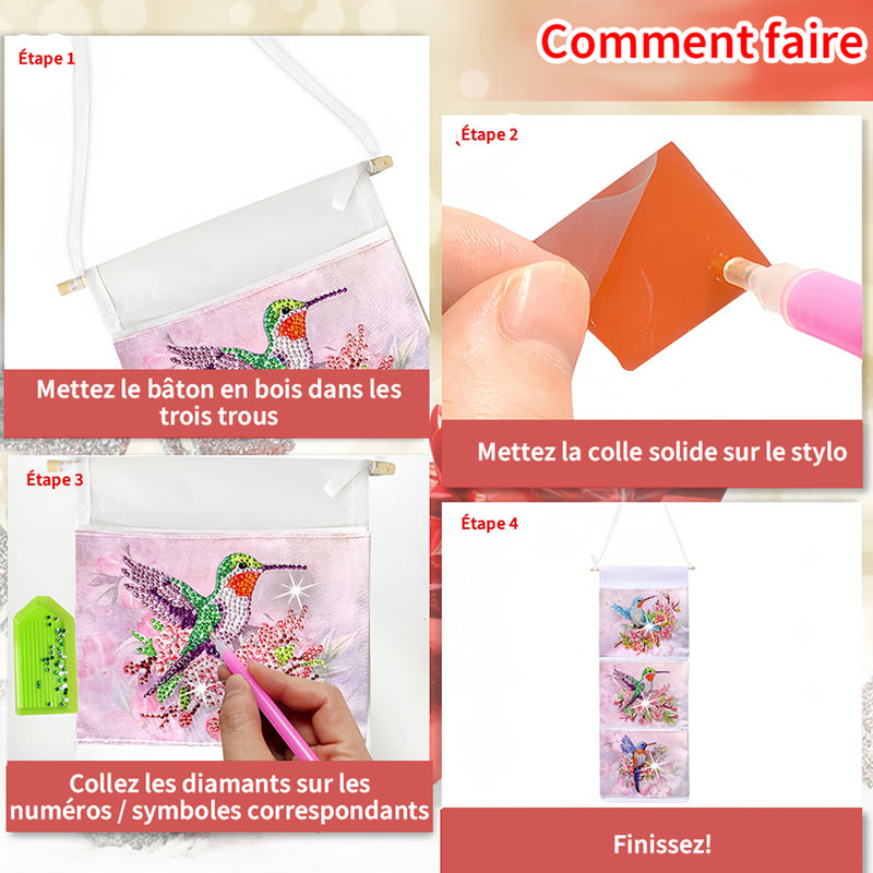 Colibri et Fleur Rose Maison Organisateur Sac de Rangement Suspendu Broderie Diamant