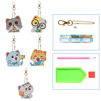 5Pcs de Porte-Clés Acryliques Double Face Chats Heureux Broderie Diamant