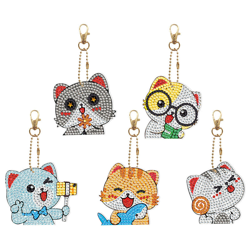 5Pcs de Porte-Clés Acryliques Double Face Chats Heureux Broderie Diamant