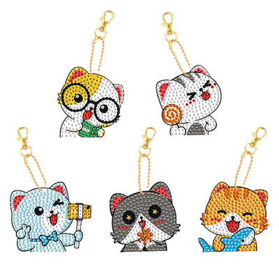 5Pcs de Porte-Clés Acryliques Double Face Chats Heureux Broderie Diamant