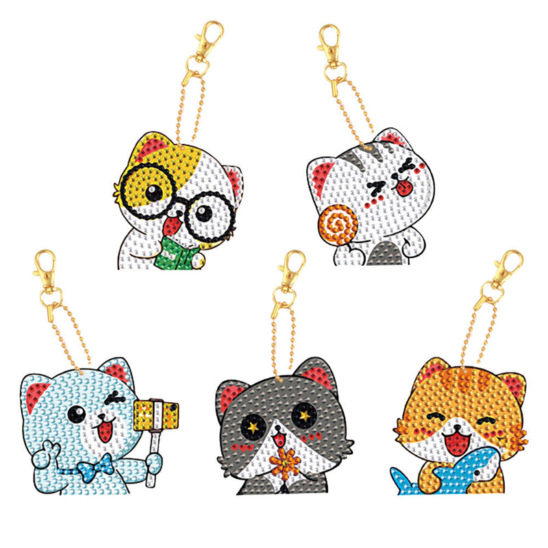 5Pcs de Porte-Clés Acryliques Double Face Chats Heureux Broderie Diamant