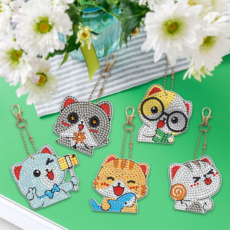 5Pcs de Porte-Clés Acryliques Double Face Chats Heureux Broderie Diamant