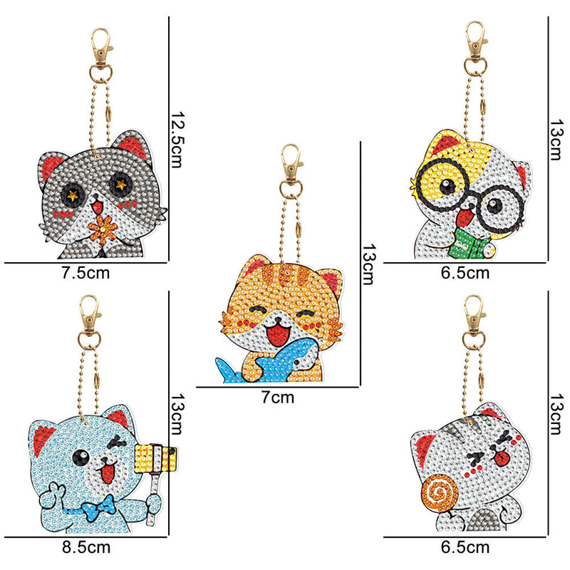 5Pcs de Porte-Clés Acryliques Double Face Chats Heureux Broderie Diamant