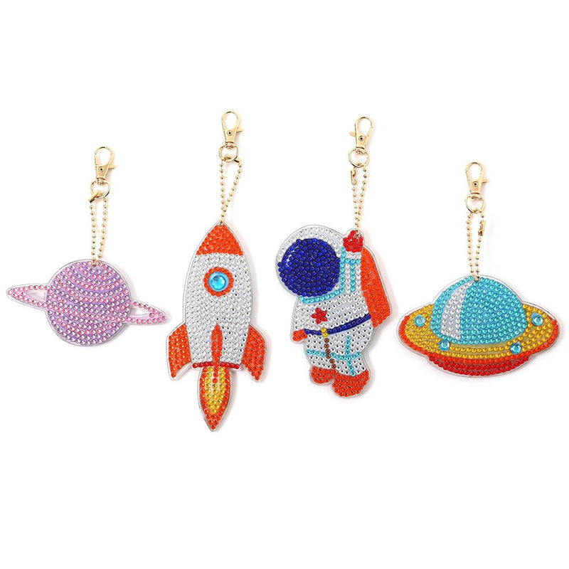 4Pcs de Porte-Clés Acryliques Double Face Astronaute et Planette Broderie Diamant