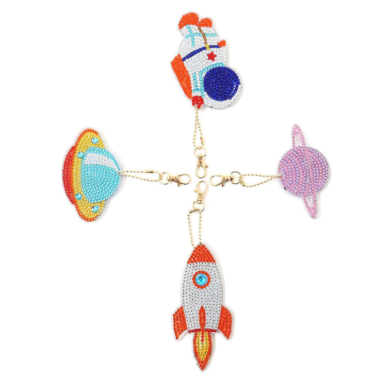 4Pcs de Porte-Clés Acryliques Double Face Astronaute et Planette Broderie Diamant