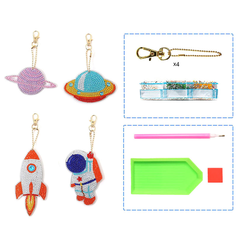 4Pcs de Porte-Clés Acryliques Double Face Astronaute et Planette Broderie Diamant