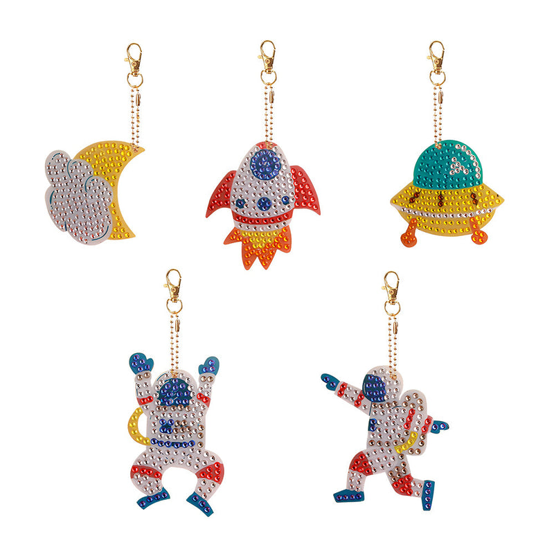 5Pcs de Porte-Clés Acryliques Double Face Astronaute et Fusée Broderie Diamant