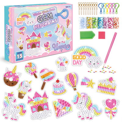 15Pcs de Porte-Clés Acryliques Une Face Licorne Gemme Arc-en-Ciel Enfantine Broderie Diamant