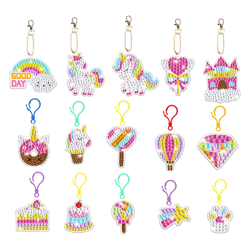 15Pcs de Porte-Clés Acryliques Une Face Licorne Gemme Arc-en-Ciel Enfantine Broderie Diamant