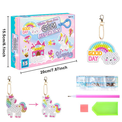 15Pcs de Porte-Clés Acryliques Une Face Licorne Gemme Arc-en-Ciel Enfantine Broderie Diamant