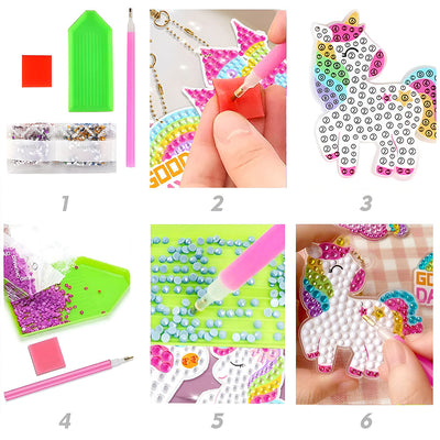 15Pcs de Porte-Clés Acryliques Une Face Licorne Gemme Arc-en-Ciel Enfantine Broderie Diamant