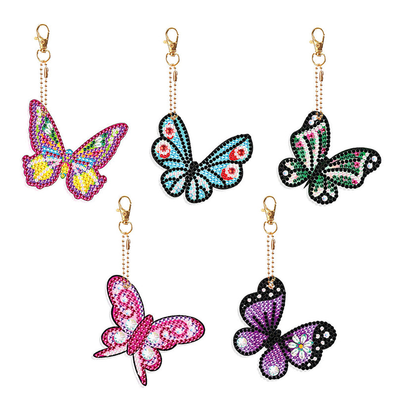 5Pcs de Porte-Clés Acryliques Double Face Papillon Coloré Broderie Diamant