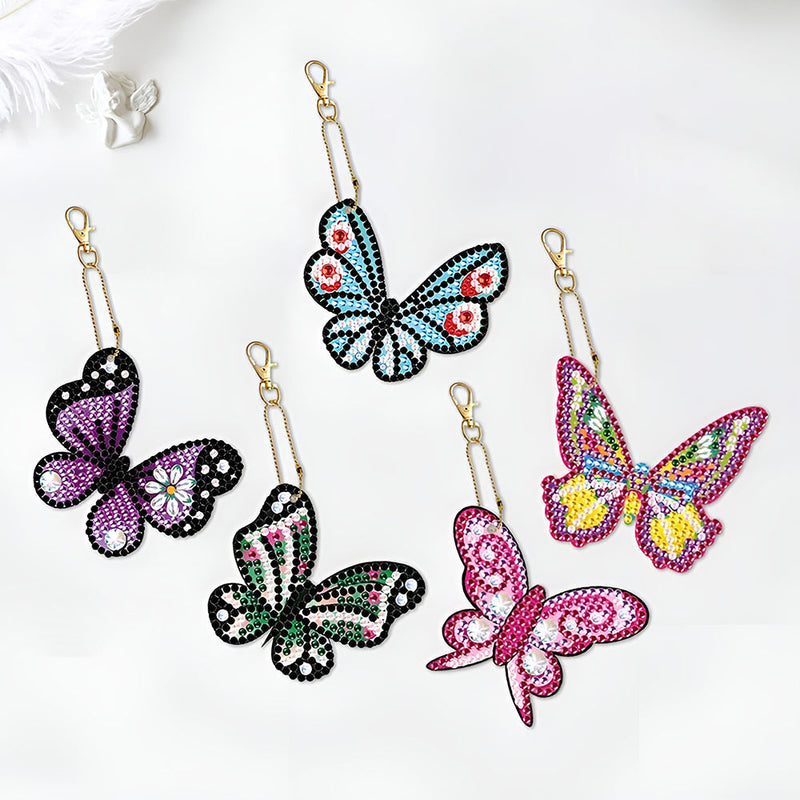 5Pcs de Porte-Clés Acryliques Double Face Papillon Coloré Broderie Diamant