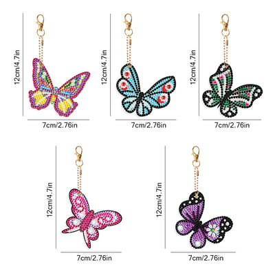 5Pcs de Porte-Clés Acryliques Double Face Papillon Coloré Broderie Diamant