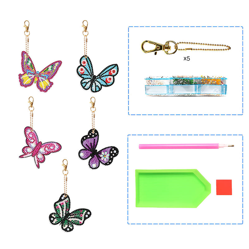 5Pcs de Porte-Clés Acryliques Double Face Papillon Coloré Broderie Diamant