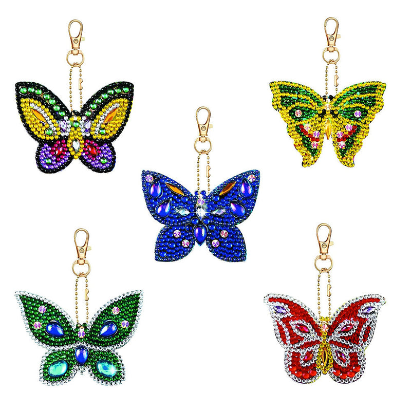 5Pcs de Porte-Clés Acryliques Double Face Beau Papillon Broderie Diamant