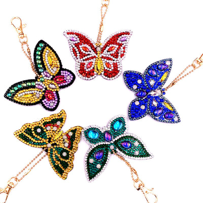 5Pcs de Porte-Clés Acryliques Double Face Beau Papillon Broderie Diamant